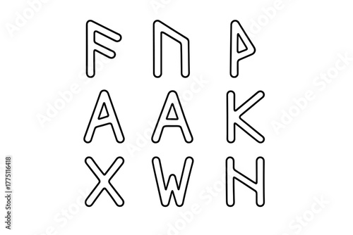 Unique set of simple line letters arranged in a grid pattern on a white background showcasing basic shapes and forms