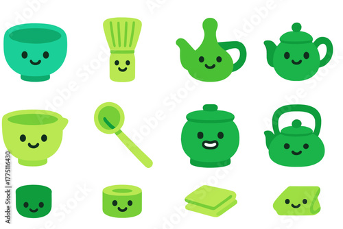 Cute green tea accessories with smiling faces arranged in a cheerful layout for tea lovers and enthusiasts