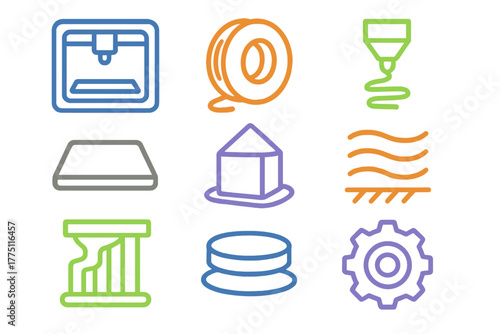 Illustrations of various 3D printing elements showcasing technology, materials, and processes used in additive manufacturing