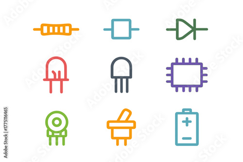 Colorful electronic components arranged in a grid, showcasing various parts such as resistors, diodes, and chips