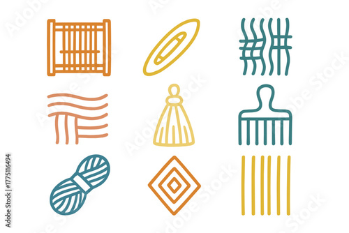 Patterns of weaving and crafting tools displayed in bright colors on a white background