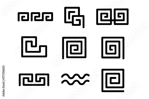 Patterns in black and white representing geometric designs and loops in various forms and arrangements