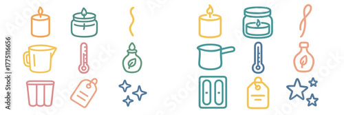 Various candle making supplies arranged neatly on a white background showing tools and materials for crafting