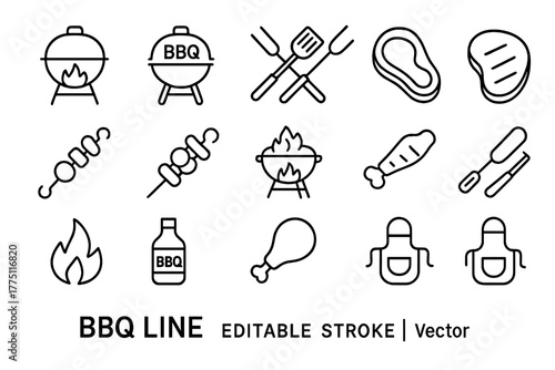 Icons representing barbeque items and cooking tools perfect for summer grilling events and outdoor celebrations