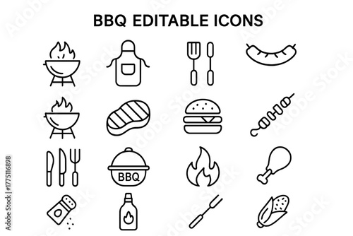 Editable icons for barbecue cooking with various grilling items and tools