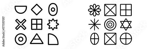 Collection of simple black and white geometric shapes arranged in two grids showcasing various designs and patterns