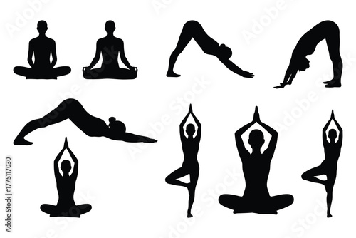 Healthy Lifestyle Yoga Postures: Minimalist Black Vector Icons for Wellness and Studio Branding