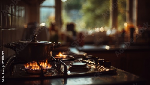 Kitchen stovetop with a pot on the flame