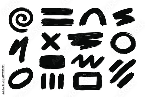 Various black brush strokes and shapes on a white background showcasing creative designs for art or graphic projects