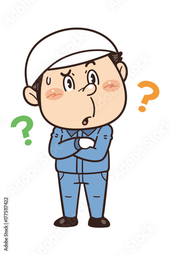 工場や現場で働く作業員が腕を組みながら考えているイラスト｜不安全行動・不安全状態・労働災害