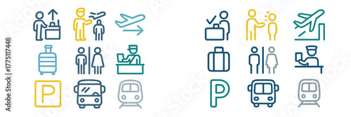 Travel icons representing airport services and transportation options for passengers and families