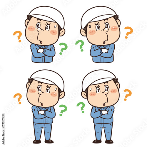 工場や現場で働く作業員が腕を組みながら考えているイラスト｜不安全行動・不安全状態・労働災害