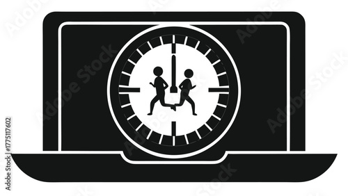 Dynamic duo racing against time on laptop screen clock, conceptualizing deadlines and productivity.