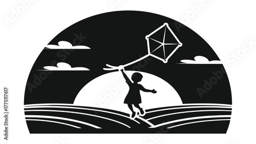 Joyful child leaps with kite soaring high against a radiant sunset over rolling fields
