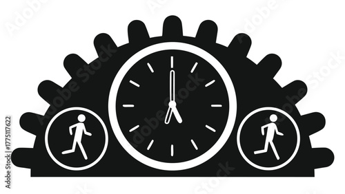 Dynamic business concept with running figures around a clock face within a gear mechanism