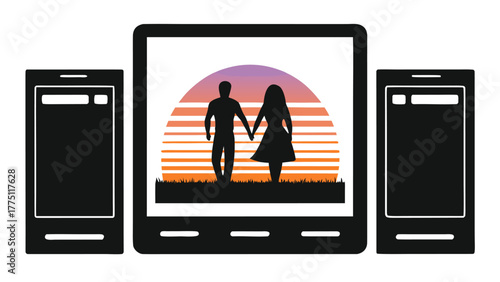 Couple holding hands against vibrant sunset scene on digital device flanked by phones