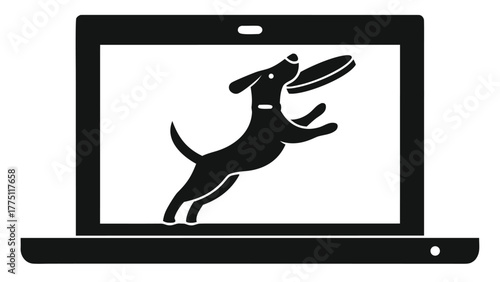 Energetic dog leaps for frisbee on modern laptop screen, perfect for tech and pet themes