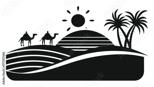 Adventurous camels trek across desert dunes under a bright sun with palm trees