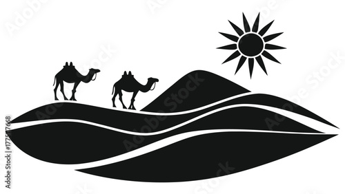 Two camels journey across desert dunes under a bright sun, symbolizing travel and adventure.