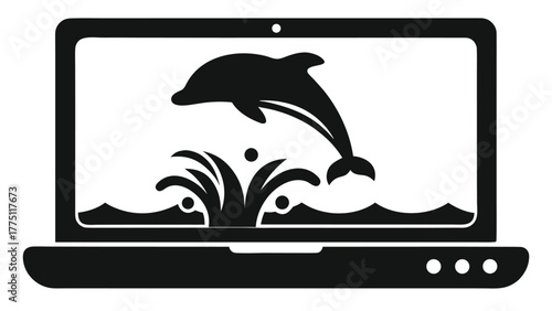 Dynamic dolphin leaping from digital ocean waves on modern laptop screen