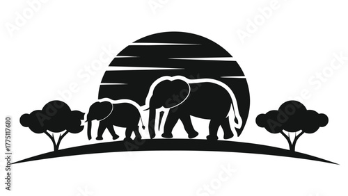 Majestic elephants journey across savanna under a stylized sun, symbolizing nature's grandeur and migration.