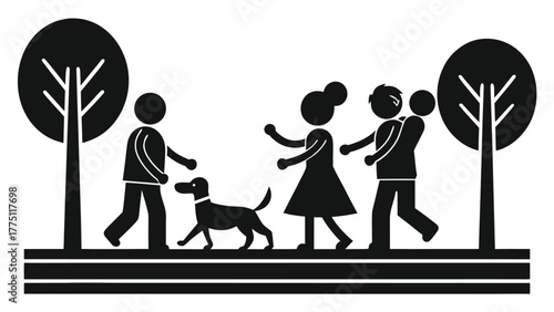 Joyful family strolls with dog amidst park trees, embracing outdoor leisure and connection