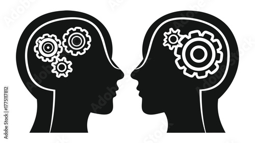 Two heads with gears inside representing teamwork, collaboration, and the power of ideas