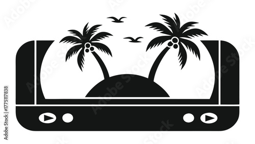 Island paradise displayed on a modern screen with palm trees and birds against a backdrop