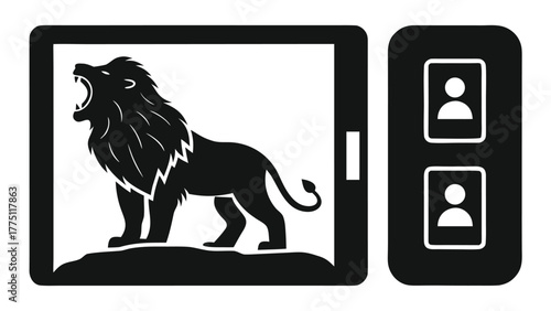 Roaring lion icon inside tablet screen with profile icons, modern design, powerful branding