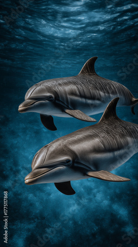 Two Dolphins Swimming in Clear Blue Water, Animal Art Illustration Vertical Wallpaper 
