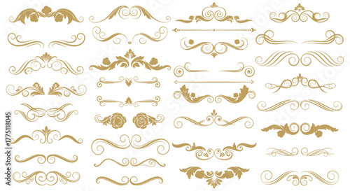 Elegant Gold Flourish Dividers & Ornamental Border Designs | Vintage Decorative Scroll Frames, Classic Victorian Luxury Line Art Elements