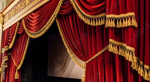 Close up of red velvet curtains with gold tassels and ornate gold trim on a theater stage