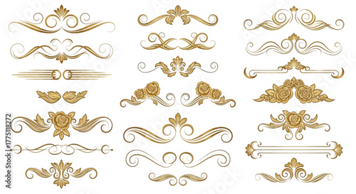 Elegant Gold Flourish Dividers & Ornamental Border Designs | Vintage Decorative Scroll Frames, Classic Victorian Luxury Line Art Elements