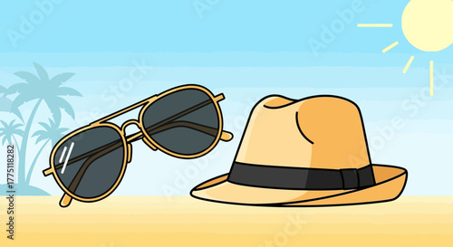 A pair of sunglasses and a fedora hat resting on a sandy tropical beach under a bright sun.