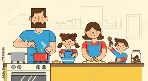 A happy family cooking and baking together in a modern kitchen.