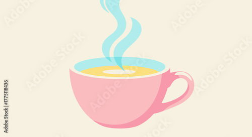 A pink teacup filled with a warm beverage, with steam rising upwards against a light background.