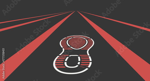 Abstract perspective view of a dark track with red lines and a stylized red and white footprint incorporating the number 8.
