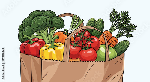 A colorful illustration of a paper grocery bag overflowing with fresh, healthy vegetables and fruit.