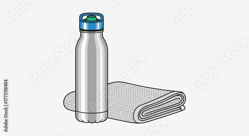 A metallic water bottle with a blue and green cap stands next to a folded grey textured towel.