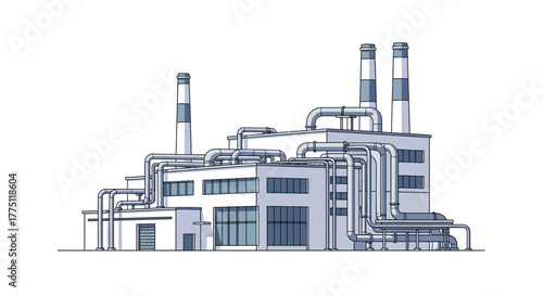 Vector illustration of a modern industrial factory building with complex piping and smokestacks, isolated on a white background for manufacturing concepts
