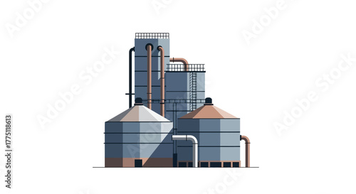 Illustration of an industrial manufacturing plant concept, featuring silos and processing towers on a clean white background