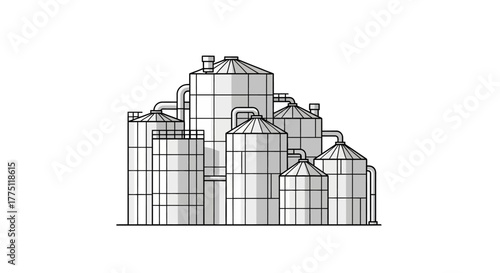 A detailed outline illustration of an industrial complex featuring multiple storage silos and tanks, representing manufacturing, agriculture, and bulk material storage