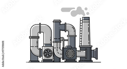 Stylized factory illustration with interconnected pipes and a smokestack, a graphic icon for industry, manufacturing, and environmental pollution concepts