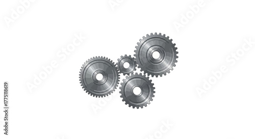 A set of four interconnected metallic gears and cogs working in unison, symbolizing a complex system, mechanical engineering, and industrial collaboration