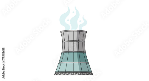 Vector illustration of a nuclear power plant cooling tower emitting steam. Industrial flat design icon for energy and technology concepts isolated on white