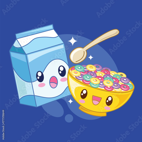 Cute cartoon milk and cereal vector illustration