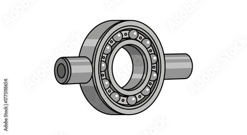 Monochrome technical illustration of a radial ball bearing, a crucial mechanical component for reducing friction in machinery, isolated on a white background