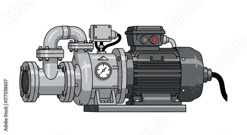 Vector illustration of an industrial water pump with an electric motor and pressure gauge, isolated on a white background for technical diagrams