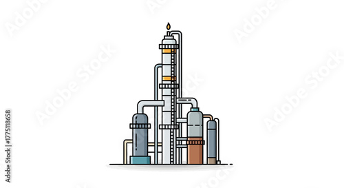 Flat line art illustration of an industrial oil refinery or chemical processing plant. Vector icon representing energy production and technology