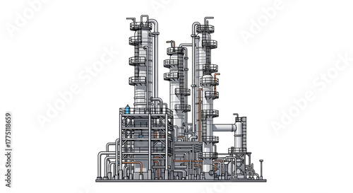 A detailed illustration of an industrial chemical plant or oil refinery, featuring complex piping systems and distillation towers